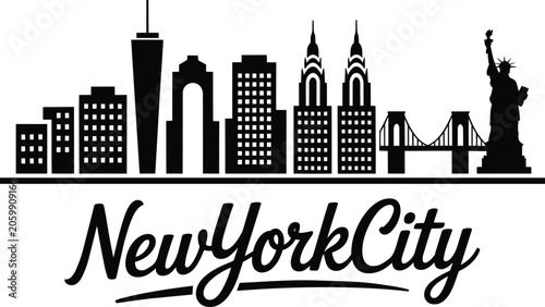 Foto New York city skyline silhouette with iconic landmarks and script text, illustra
