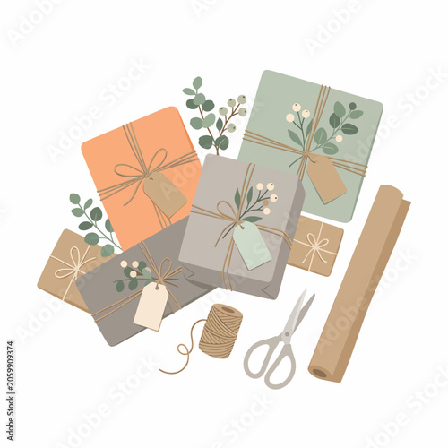 Gift wrapping paper rolls scissors.
