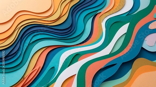 Abstract Colorful 3D Paper Cut Out Waves and Topographic Layers Background