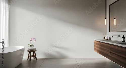Modern Minimalist Bathroom Interior with Empty Wall Mockup and Freestanding Tub