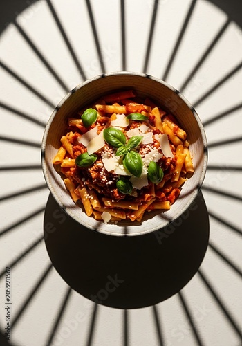 Penne pasta with tomato sauce, basil, and parmesan in dramatic radial lighting