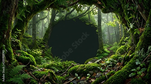 Mysterious Circular Portal in a Lush Green Mossy Forest
