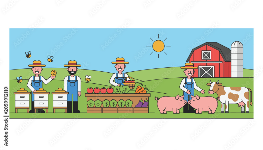 Fototapeta premium Vibrant farm scene with farmers tending to a vegetable stand, pigs, a cow, and beehives near a red barn and silo under a bright sun.