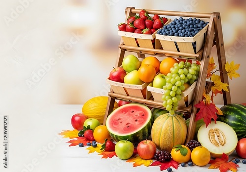 Fresh Assorted Fruits Displayed on a Wooden Stand with Autumn Leaves