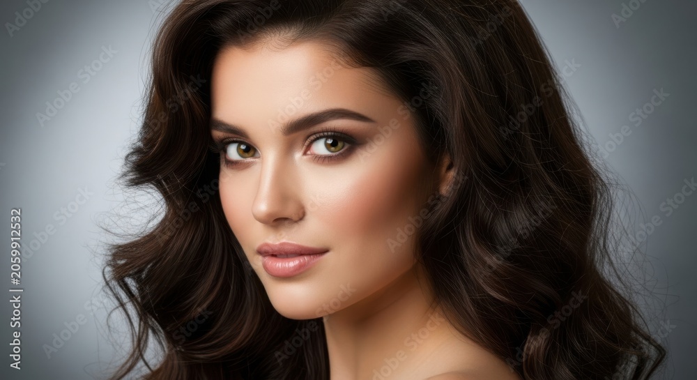 Fototapeta premium Beautiful young woman with long wavy dark hair looking at camera illustration