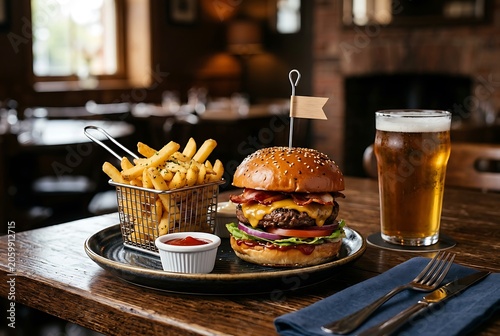 Gourmet Beef Burger with Bacon French Fries and Beer in a Rustic Pub