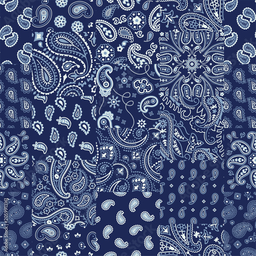 Blue Kashmir paisley fabric patchwork abstract vector seamless pattern for scarf kerchief shirt fabric wallpaper tablecloth pillow shawl bandana
