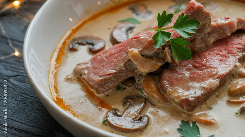 Bild auf Leinwand Rustic beef steak with mushroom cream sauce, close-up plated entrée in white bow
