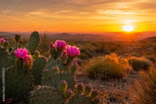 Quadro su tela Blooming cactus flowers in warm desert light