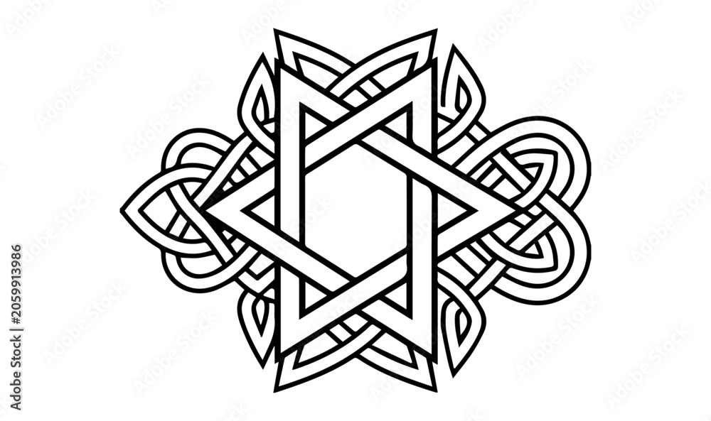 Fototapeta premium Celtic knot star vector illustration, intricate geometric hexagram symbol, black and white interlaced line art for tattoo design and branding