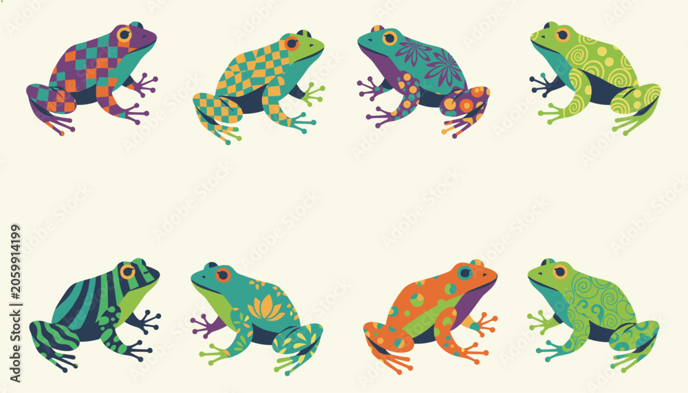 Obraz premium Vibrant collection of eight tree frogs featuring unique colorful patterns like checks, swirls, dots, and stripes on a light cream background.
