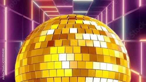 Golden Disco Ball Close Up in Neon Tunnel Luxury Party Background Loop
