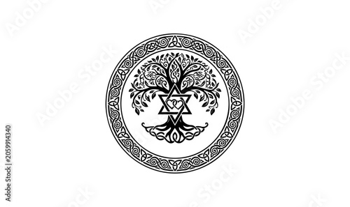 Foto Sacred Tree of Life vector emblem, mystical Kabbalah Yggdrasil symbol with Star