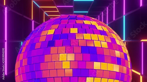 Purple Disco Ball Close Up in Neon Tunnel Luxury Party Background Loop