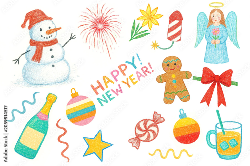 Naklejka premium Happy New Year, Christmas, Party, colored pencils, watercolor, hand drawing