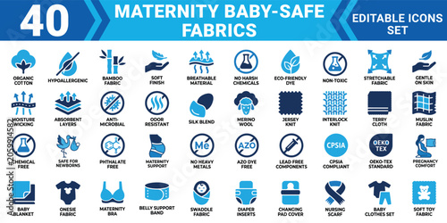 Quadro su tela Maternity baby safe fabrics editable vector icon set 40 solid icons for baby clo