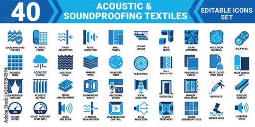 Foto Acoustic soundproofing textiles 40 editable vector icon set noise reduction soun