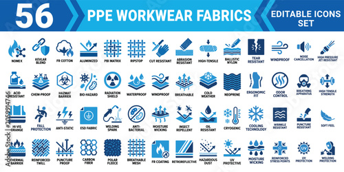 Canvas Print Ppe workwear fabrics icon set 56 editable vector illustrations for safety and pr