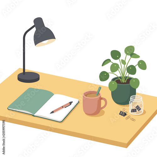 Foto Home office desk with notebook lamp.