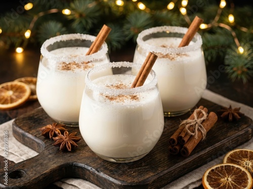 Three glasses of creamy eggnog adorned with cinnamon sticks and sugar rims, perfect for holiday celebrations
