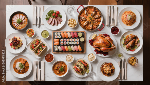 Diverse world cuisine dishes arranged on large dining table, international food concept, overhead view