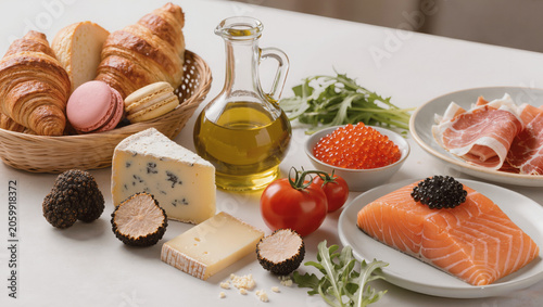 Gourmet food collection with copy space for advertising, premium commercial stock image, ultra realistic, high detail, natural lighting, 8k resolution.