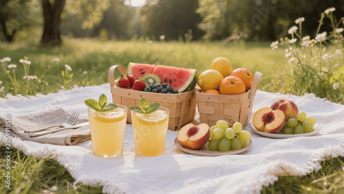 Summer picnic with fresh fruits and lemonade, outdoor lifestyle concept, bright natural light