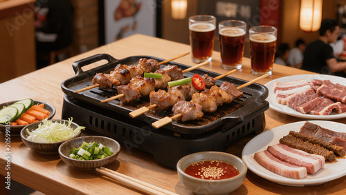 Korean barbecue spread with grilled meat and side dishes, vibrant colors, realistic restaurant photography