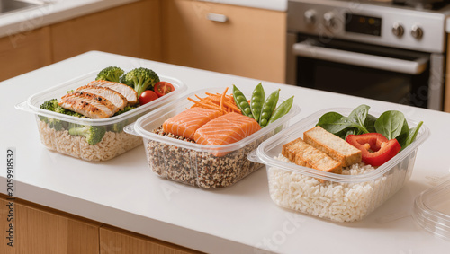 Protein-rich healthy meal prep containers with chicken, rice and vegetables, fitness nutrition concept, clean modern photography, commercial stock image