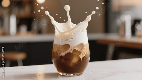 Refreshing iced coffee with milk splash, modern commercial advertising style, ultra realistic, high detail