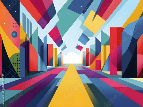 An abstract cityscape with a geometric character, depicted in a vibrant and richly detailed style.