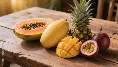 Fresh tropical fruits arranged beautifully on wooden table, mango, pineapple, papaya and passion fruit, vibrant colors, natural sunlight, realistic photography