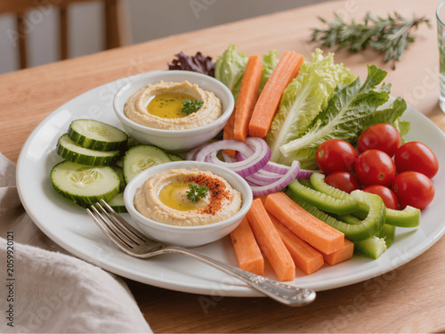 Fresh vegetable platter with hummus dips, clean eating concept, realistic food styling