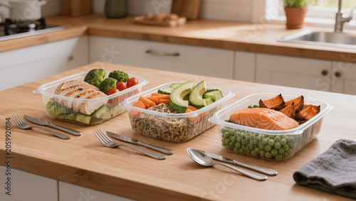 Healthy meal prep containers arranged neatly on table, fitness nutrition concept