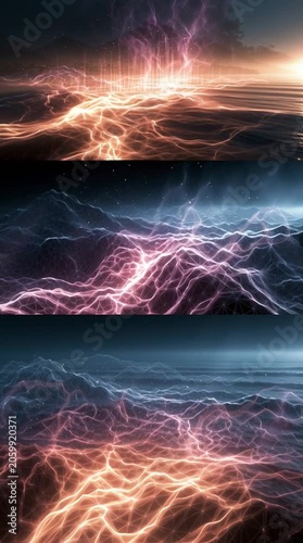Mountains and oceans partially transform into luminous wireframes and digital structures, revealing hidden layers beneath reality in a surreal sci-fi landscape.