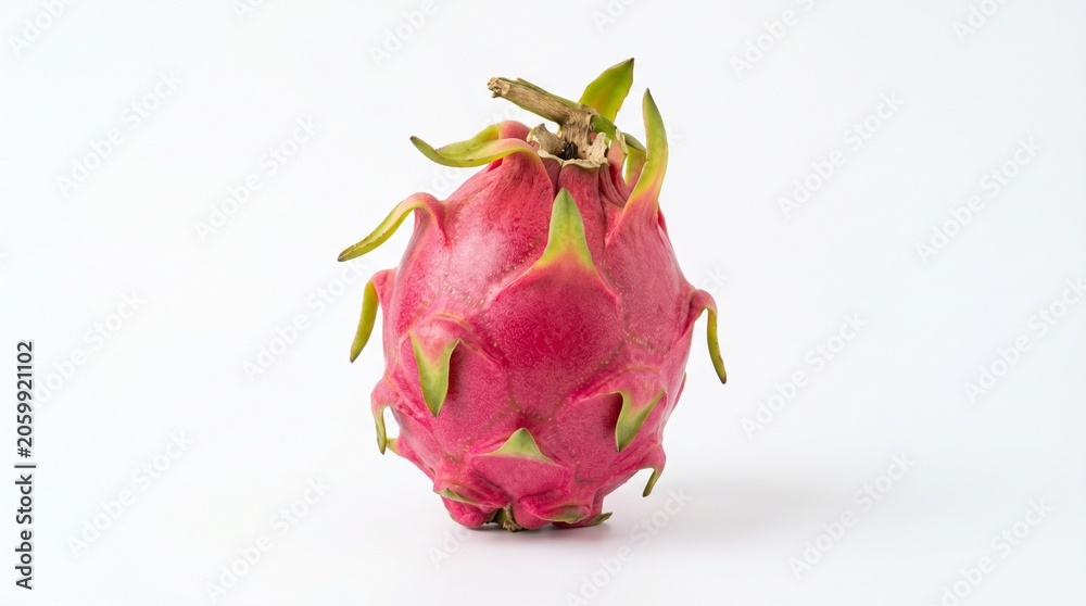 Fototapeta premium Dragon fruit vibrant pink with green scales in bright studio lighting on white background for healthy eating.