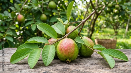 Guavas on branch with leaves in natural outdoor lighting on rustic wooden surface for healthy eating.