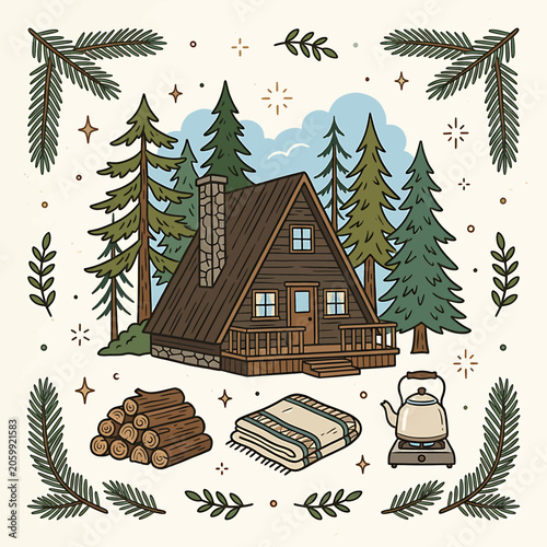 Slika na platnu Cozy cabin in snowy forest scene.
