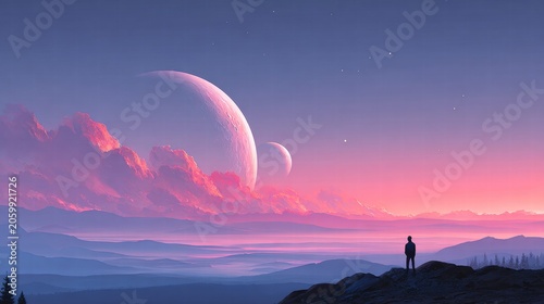 A lone figure gazes at an alien sunset with two moons and pink clouds.