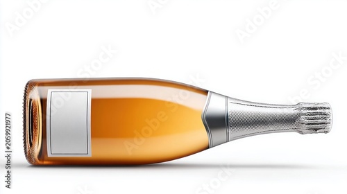 Elegant champagne bottle with blank label and silver foil cap, isolated on white background