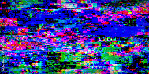 Картината върху платно Abstract colorful digital noise, broadcast interference, television static with vibrant pixelated glitches and distortion, a visually chaotic and modern screen display