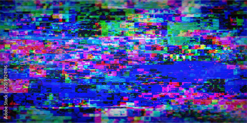 A chaotic abstract pattern of digital noise and color blocks resembles a television screen experiencing signal interference, creating a vibrant, pixelated, and disorienting visual effect.