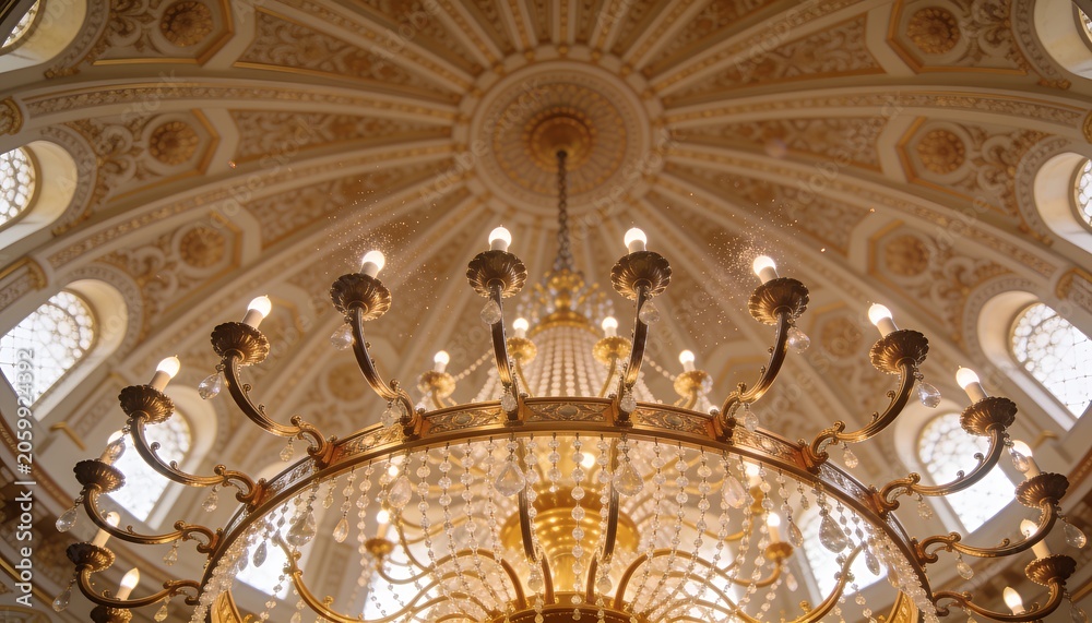 Obraz premium Hanging large ornate gold chandelier dominating domed hall, with crystal beads and gilt medallions