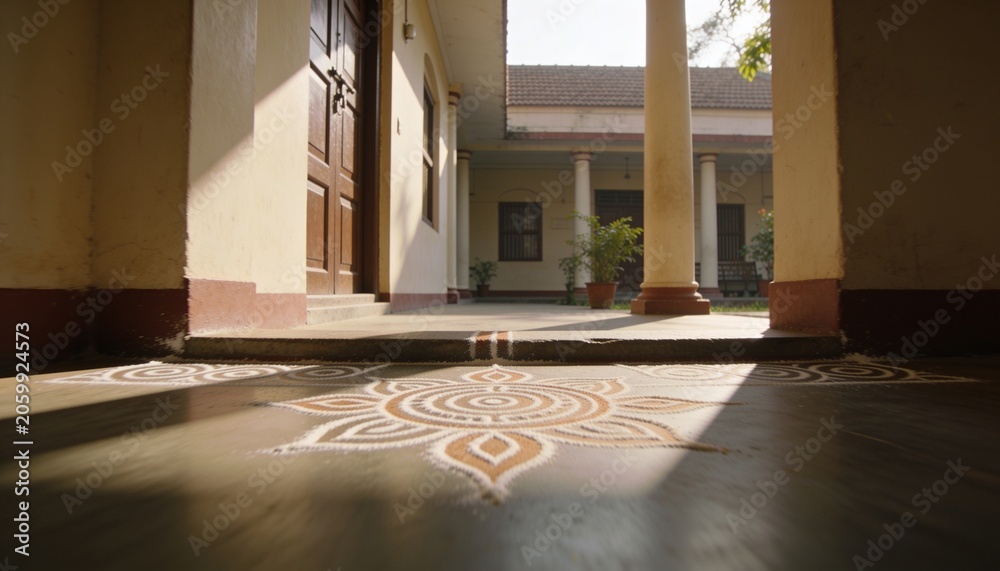 Fototapeta premium Streaming sunlight casting shadows across rangoli on polished floor at veranda, with door, columns