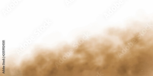 A cloud of fine, brown dust drifts across a clean white background, creating a sense of aridness and atmospheric disturbance.