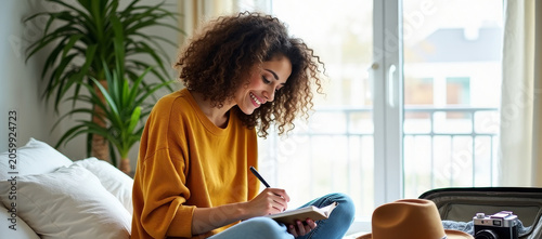 Female traveler making notes in journal during trip preparation. Packed suitcase with essentials on bed. Casual lifestyle concept with home interior and window light. Woman planning trip.