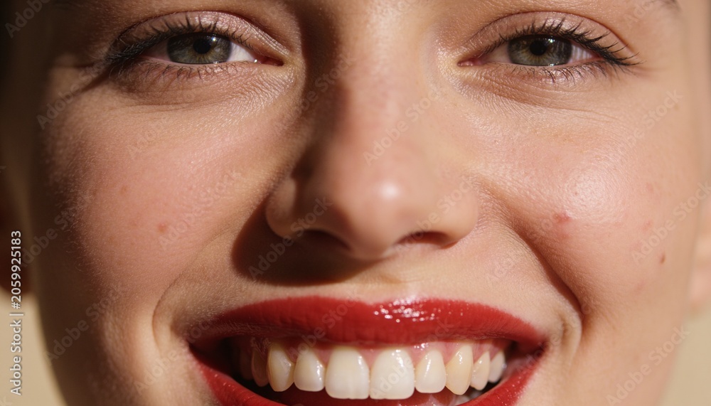 Naklejka premium Smiling adult female displaying glossy red lips and exposed teeth in studio close up, showing pores