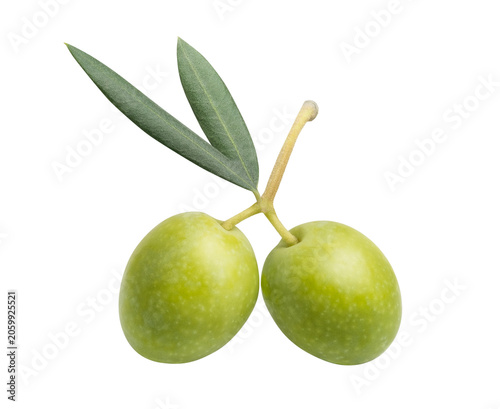 Fresh green olive with leaf isolated on white background. Nutritious ingredient for mediterranean diet, healthy food and delicious oil. Natural beauty product and organic cosmetics.