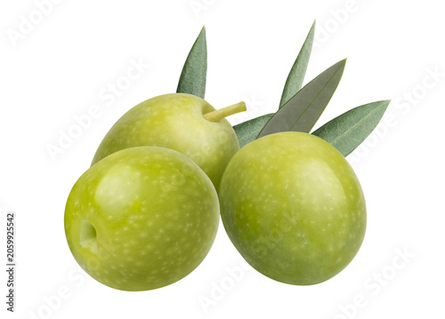Fresh green olive with leaf isolated on white background. Nutritious ingredient for mediterranean diet, healthy food and delicious oil. Natural beauty product and organic cosmetics.