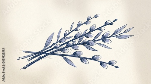 A delicate illustration of blooming branch with leaves and buds
